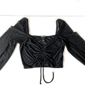 Revamped | Black Sheer Ruched Front Long Sleeve Cropped Blouse | Medium